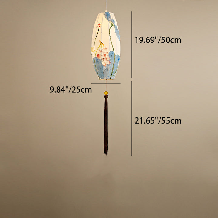 Traditional Chinese Long Oval Lantern Fabric Cover Hardware Frame 1-Light Pendant Light For Dining Room