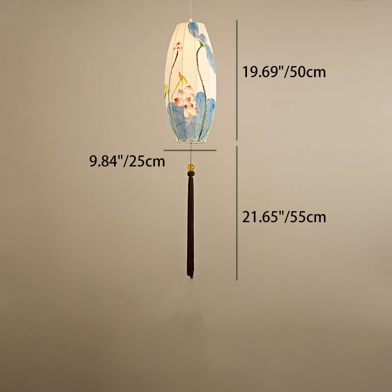 Traditional Chinese Long Oval Lantern Fabric Cover Hardware Frame 1-Light Pendant Light For Dining Room