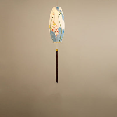 Traditional Chinese Long Oval Lantern Fabric Cover Hardware Frame 1-Light Pendant Light For Dining Room