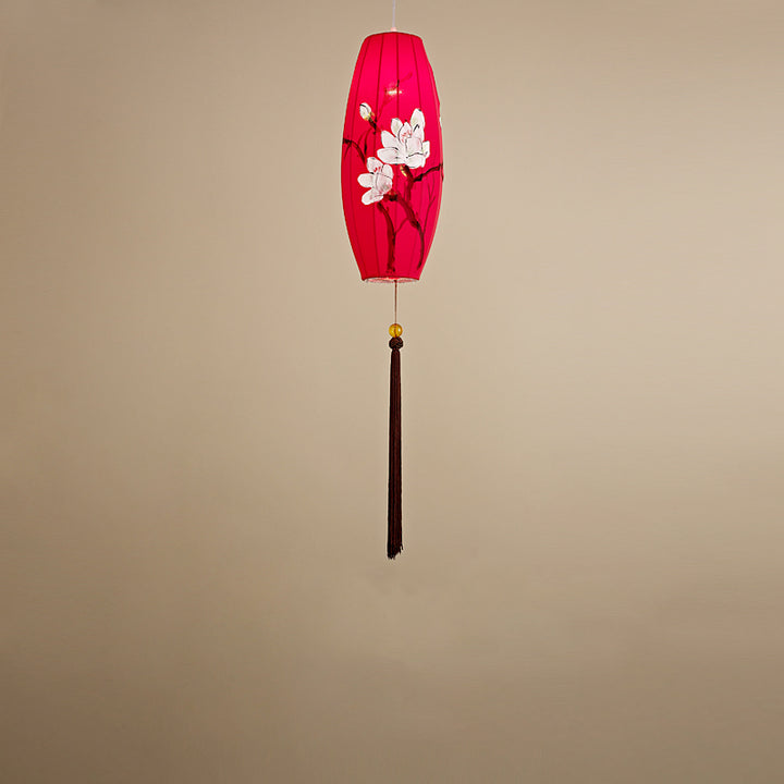 Traditional Chinese Long Oval Lantern Fabric Cover Hardware Frame 1-Light Pendant Light For Dining Room