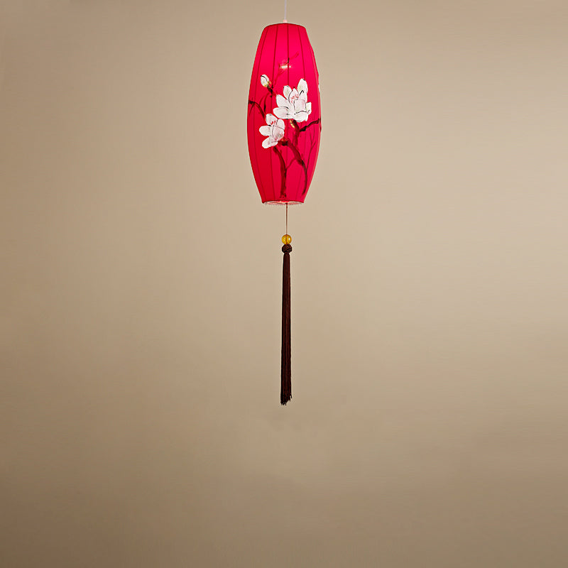 Traditional Chinese Long Oval Lantern Fabric Cover Hardware Frame 1-Light Pendant Light For Dining Room