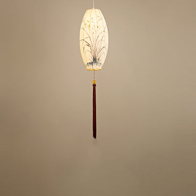 Traditional Chinese Long Oval Lantern Fabric Cover Hardware Frame 1-Light Pendant Light For Dining Room