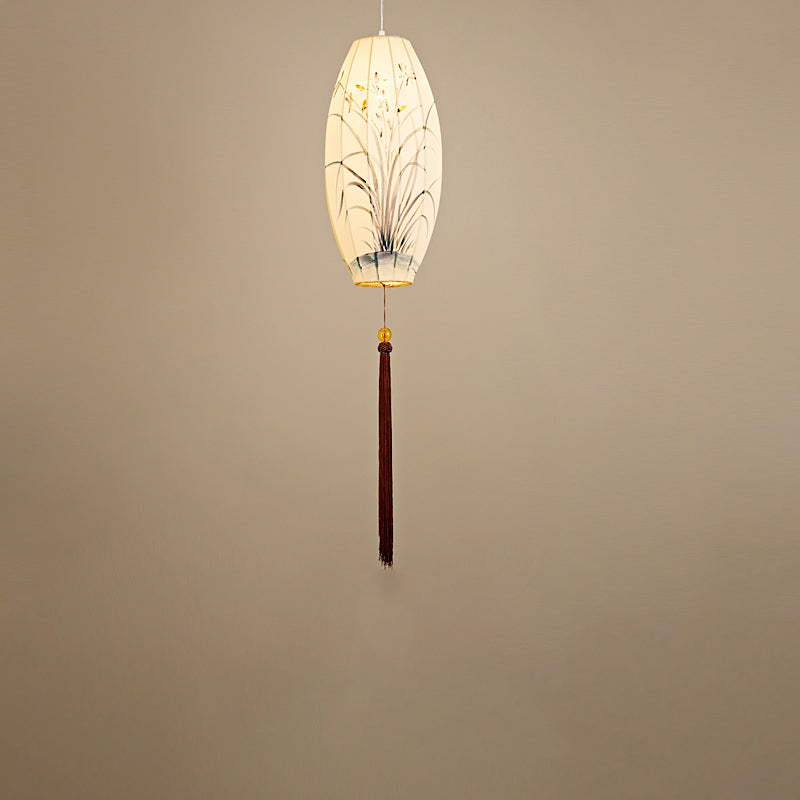 Traditional Chinese Long Oval Lantern Fabric Cover Hardware Frame 1-Light Pendant Light For Dining Room