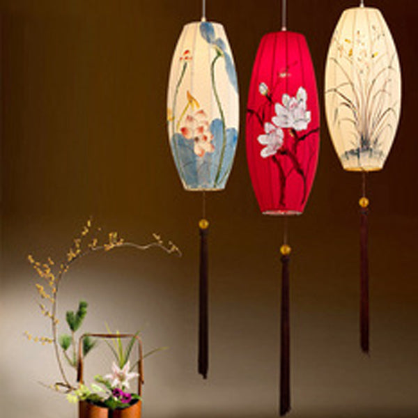 Traditional Chinese Long Oval Lantern Fabric Cover Hardware Frame 1-Light Pendant Light For Dining Room