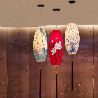 Traditional Chinese Long Oval Lantern Fabric Cover Hardware Frame 1-Light Pendant Light For Dining Room