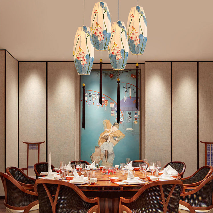 Traditional Chinese Long Oval Lantern Fabric Cover Hardware Frame 1-Light Pendant Light For Dining Room