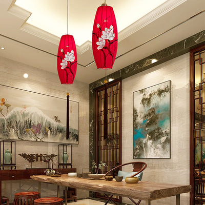 Traditional Chinese Long Oval Lantern Fabric Cover Hardware Frame 1-Light Pendant Light For Dining Room