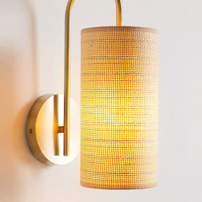 Traditional Japanese Curved Pole Cylinder Hardware Frame Raffia Shade 1-Light Wall Sconce Lamp For Living Room