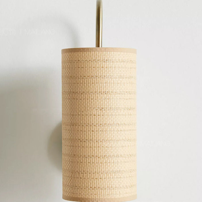 Traditional Japanese Curved Pole Cylinder Hardware Frame Raffia Shade 1-Light Wall Sconce Lamp For Living Room