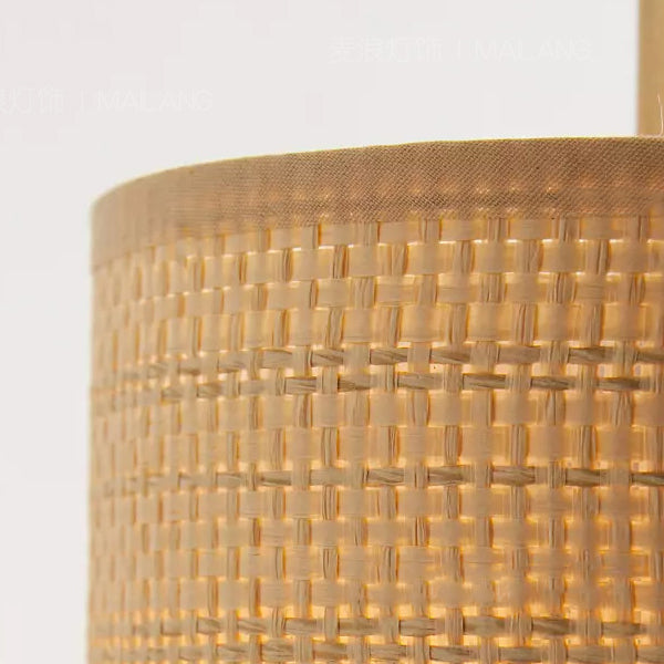 Traditional Japanese Curved Pole Cylinder Hardware Frame Raffia Shade 1-Light Wall Sconce Lamp For Living Room