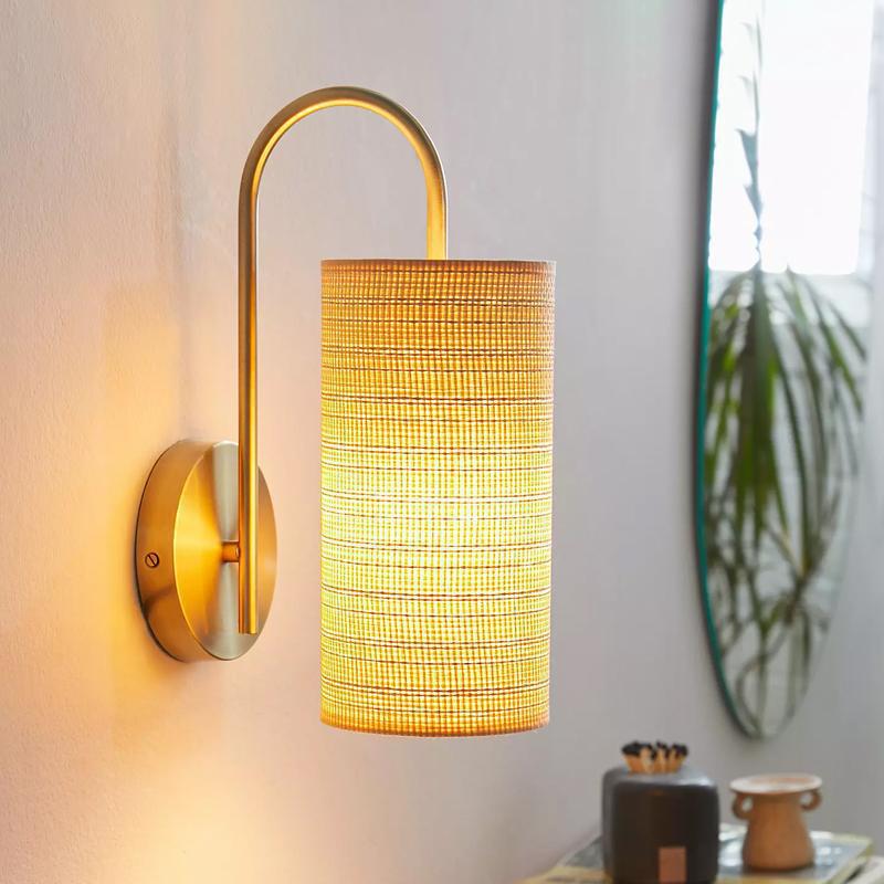 Traditional Japanese Curved Pole Cylinder Hardware Frame Raffia Shade 1-Light Wall Sconce Lamp For Living Room