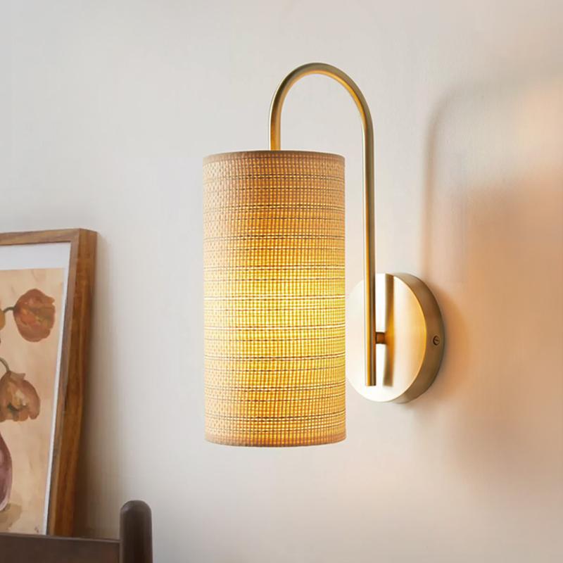 Traditional Japanese Curved Pole Cylinder Hardware Frame Raffia Shade 1-Light Wall Sconce Lamp For Living Room