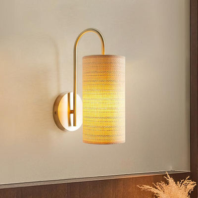 Traditional Japanese Curved Pole Cylinder Hardware Frame Raffia Shade 1-Light Wall Sconce Lamp For Living Room