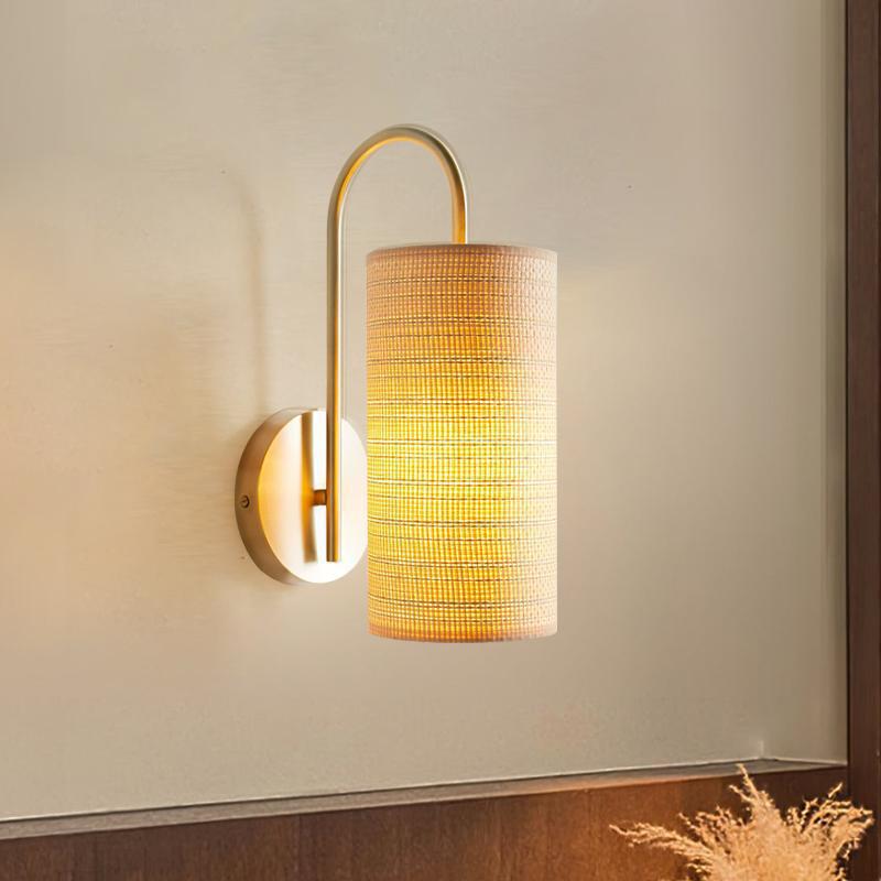 Traditional Japanese Curved Pole Cylinder Hardware Frame Raffia Shade 1-Light Wall Sconce Lamp For Living Room