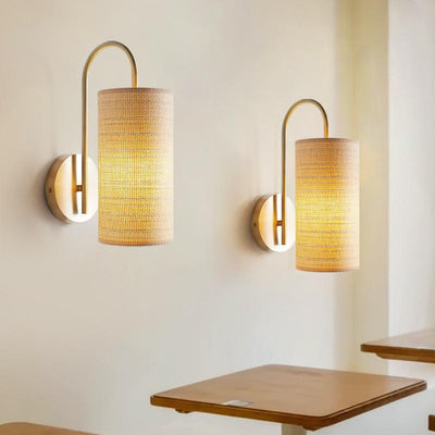 Traditional Japanese Curved Pole Cylinder Hardware Frame Raffia Shade 1-Light Wall Sconce Lamp For Living Room