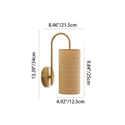 Traditional Japanese Curved Pole Cylinder Hardware Frame Raffia Shade 1-Light Wall Sconce Lamp For Living Room
