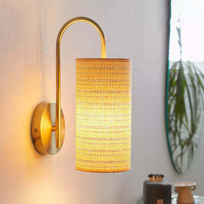 Traditional Japanese Curved Pole Cylinder Hardware Frame Raffia Shade 1-Light Wall Sconce Lamp For Living Room
