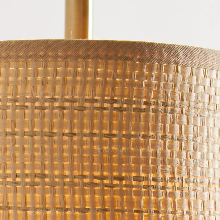 Traditional Japanese Curved Pole Cylinder Hardware Frame Raffia Shade 1-Light Wall Sconce Lamp For Living Room