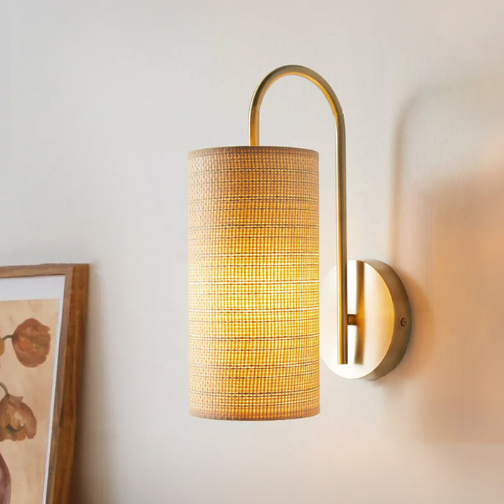 Traditional Japanese Curved Pole Cylinder Hardware Frame Raffia Shade 1-Light Wall Sconce Lamp For Living Room