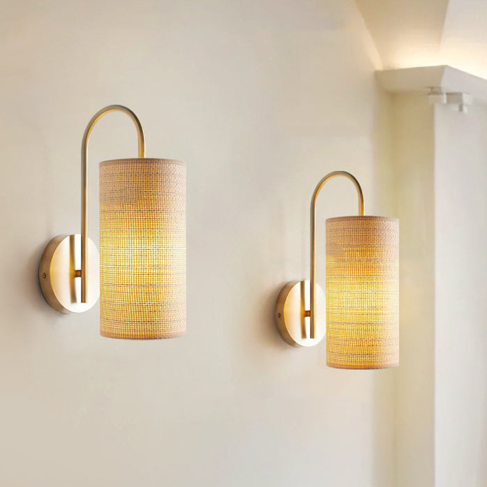 Traditional Japanese Curved Pole Cylinder Hardware Frame Raffia Shade 1-Light Wall Sconce Lamp For Living Room