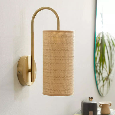 Traditional Japanese Curved Pole Cylinder Hardware Frame Raffia Shade 1-Light Wall Sconce Lamp For Living Room