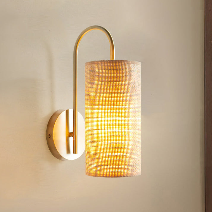 Traditional Japanese Curved Pole Cylinder Hardware Frame Raffia Shade 1-Light Wall Sconce Lamp For Living Room