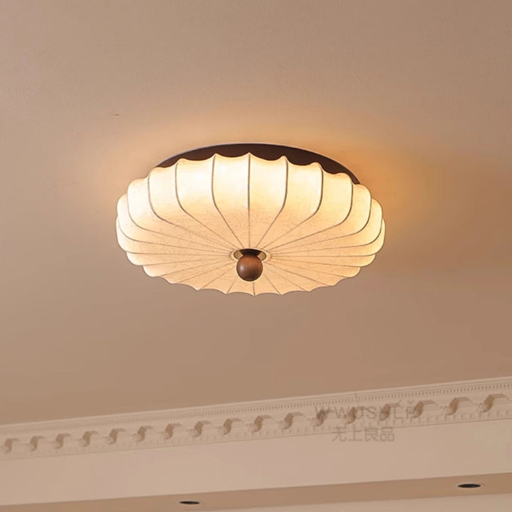 Traditional Vintage Round Patterned Fabric Alloy Ash Wood LED Flush Mount Ceiling Light For Living Room