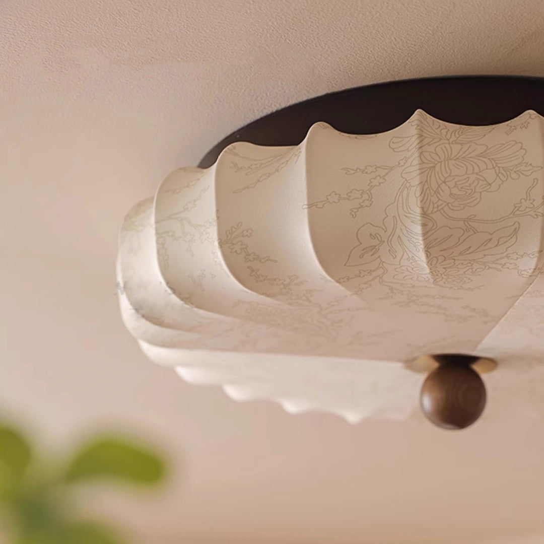 Traditional Vintage Round Patterned Fabric Alloy Ash Wood LED Flush Mount Ceiling Light For Living Room