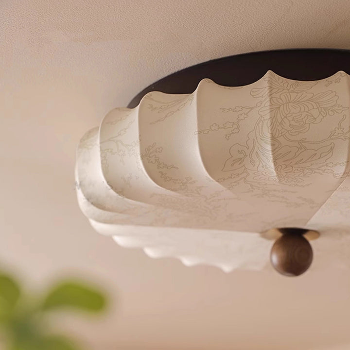 Traditional Vintage Round Patterned Fabric Alloy Ash Wood LED Flush Mount Ceiling Light For Living Room