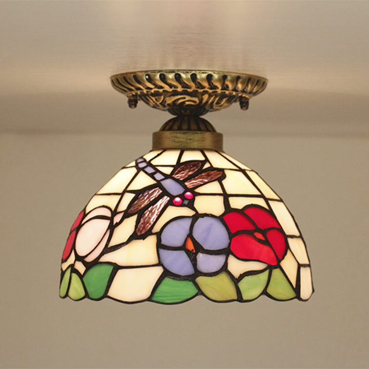 Traditional Tiffany Round Cone Flower Dragonfly Iron Stained Glass 1-Light Semi-Flush Mount Ceiling Light For Living Room