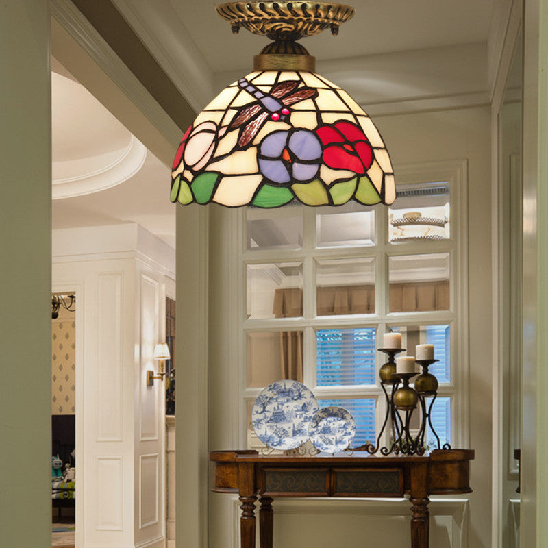 Plafonnier semi-encastré à 1 lumière en verre teinté fer dragonfly à cône rond traditionnel Tiffany pour salon 