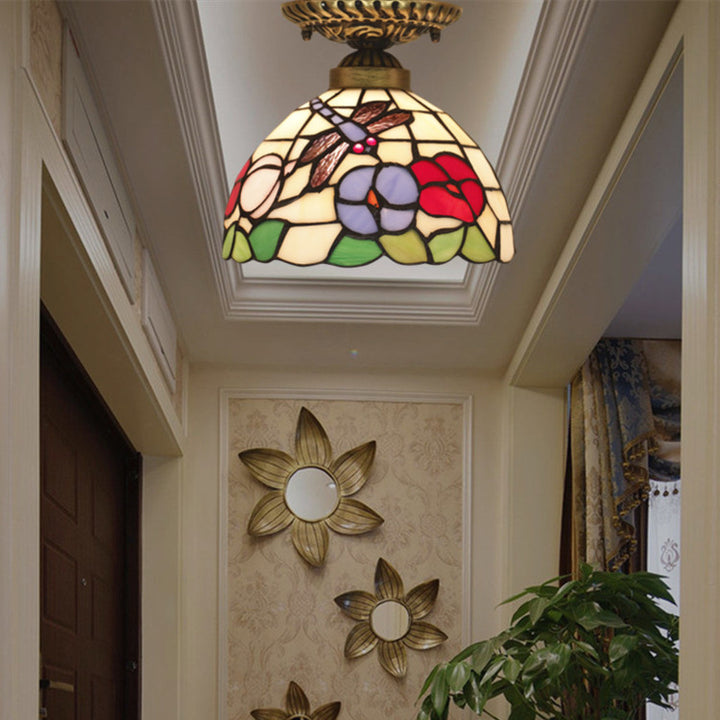 Traditional Tiffany Round Cone Flower Dragonfly Iron Stained Glass 1-Light Semi-Flush Mount Ceiling Light For Living Room