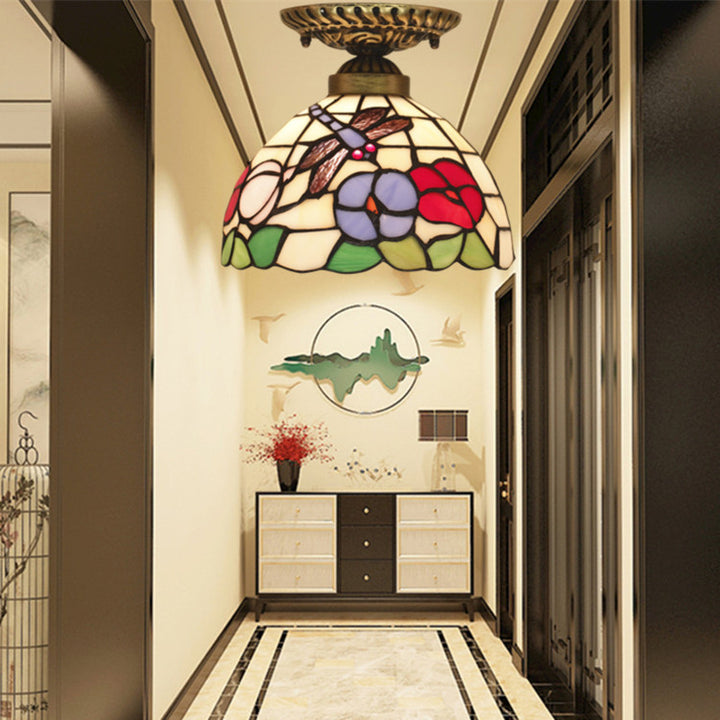 Traditional Tiffany Round Cone Flower Dragonfly Iron Stained Glass 1-Light Semi-Flush Mount Ceiling Light For Living Room