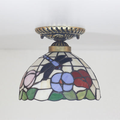 Plafonnier semi-encastré à 1 lumière en verre teinté fer dragonfly à cône rond traditionnel Tiffany pour salon 