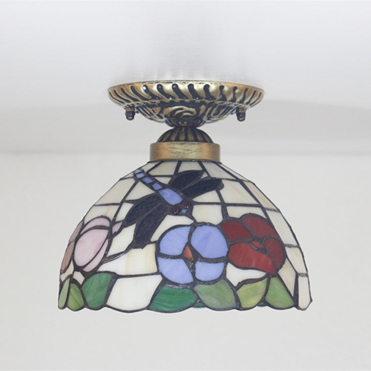 Plafonnier semi-encastré à 1 lumière en verre teinté fer dragonfly à cône rond traditionnel Tiffany pour salon 