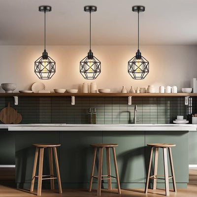 Lampe Suspendue Contemporaine Industrielle Ronde Géométrique en Cage de Fer à 1 Lumière pour Salon 