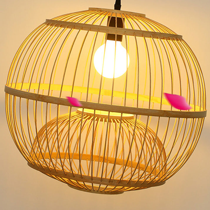 Traditional Chinese Round Line Bamboo 1-Light Pendant Light For Dining Room