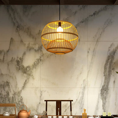 Traditional Chinese Round Line Bamboo 1-Light Pendant Light For Dining Room