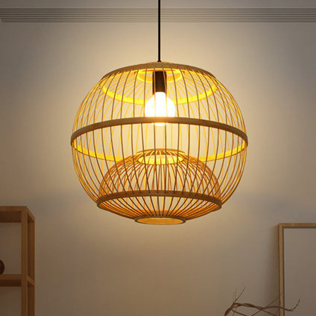 Traditional Chinese Round Line Bamboo 1-Light Pendant Light For Dining Room