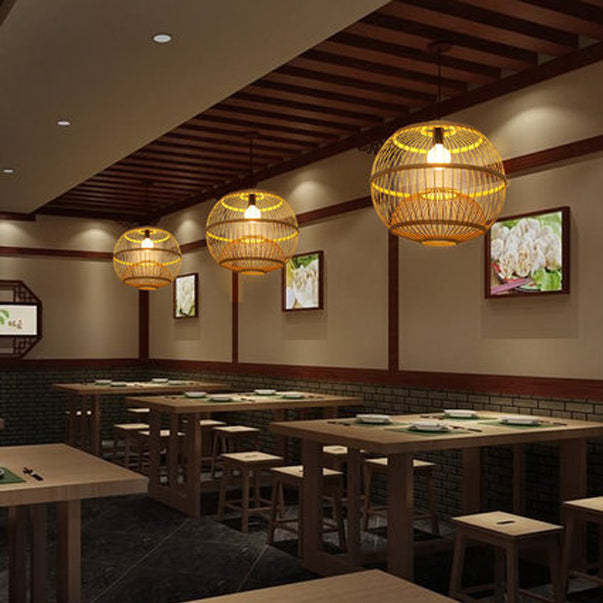 Traditional Chinese Round Line Bamboo 1-Light Pendant Light For Dining Room