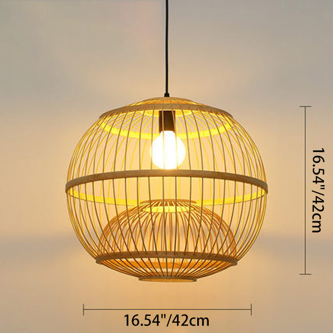 Traditional Chinese Round Line Bamboo 1-Light Pendant Light For Dining Room