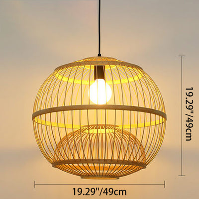 Traditional Chinese Round Line Bamboo 1-Light Pendant Light For Dining Room