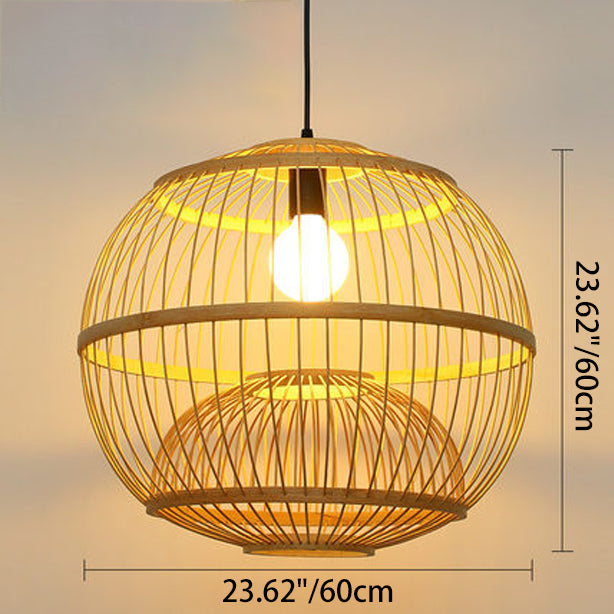 Traditional Chinese Round Line Bamboo 1-Light Pendant Light For Dining Room