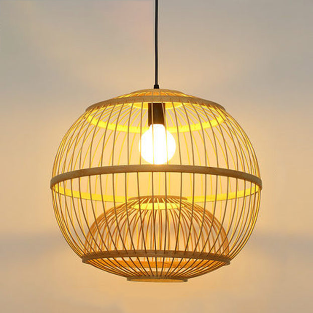 Traditional Chinese Round Line Bamboo 1-Light Pendant Light For Dining Room
