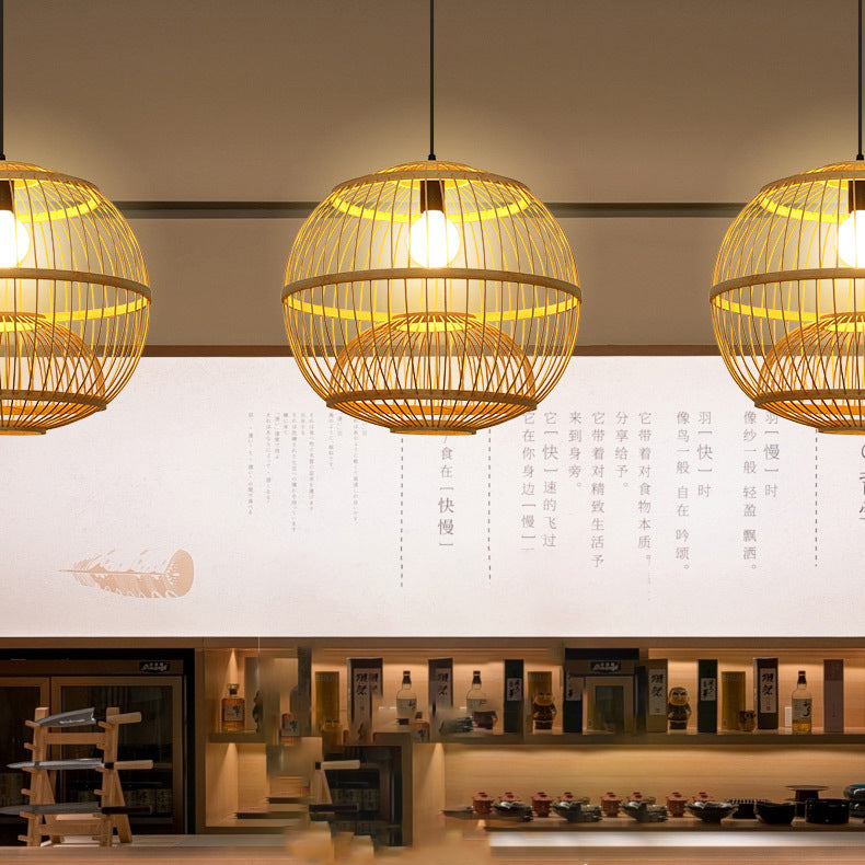 Traditional Chinese Round Line Bamboo 1-Light Pendant Light For Dining Room