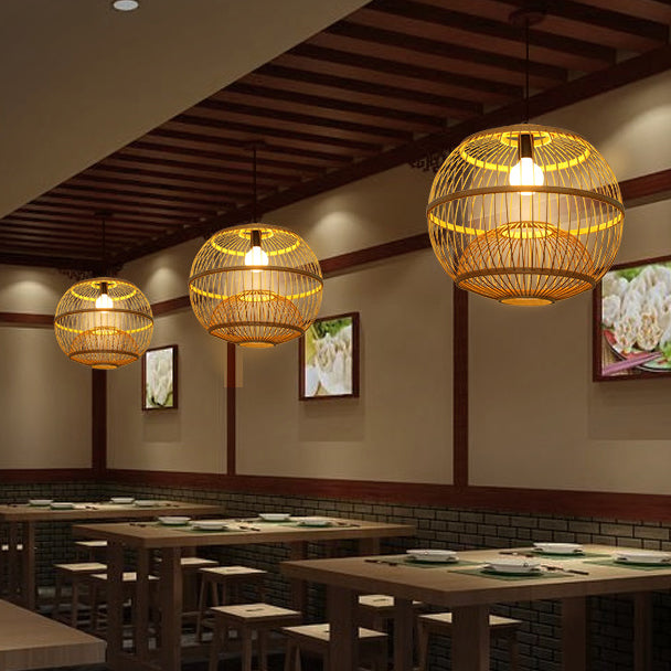 Traditional Chinese Round Line Bamboo 1-Light Pendant Light For Dining Room