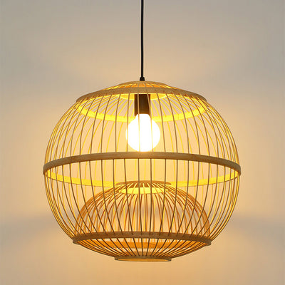 Traditional Chinese Round Line Bamboo 1-Light Pendant Light For Dining Room