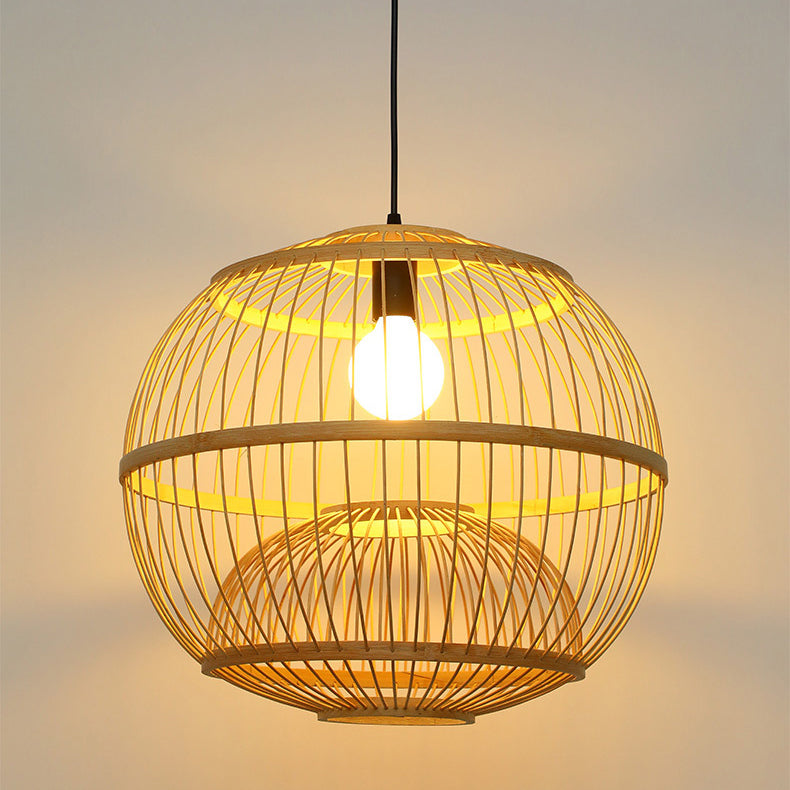 Traditional Chinese Round Line Bamboo 1-Light Pendant Light For Dining Room