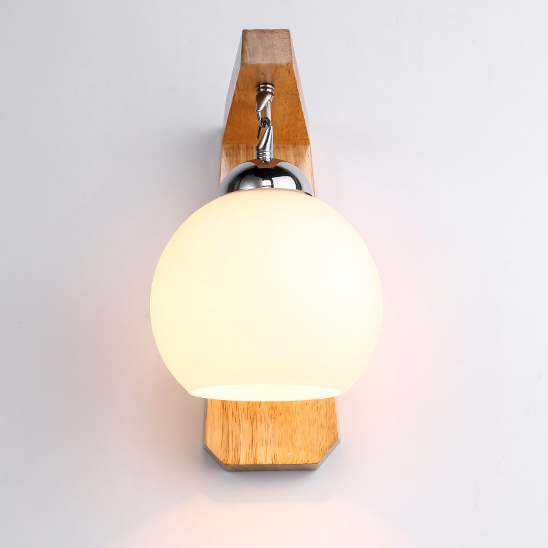 Contemporary Nordic Globe Rectangle Rubberwood Base Hardware Glass 1-Light Wall Sconce Lamp For Living Room