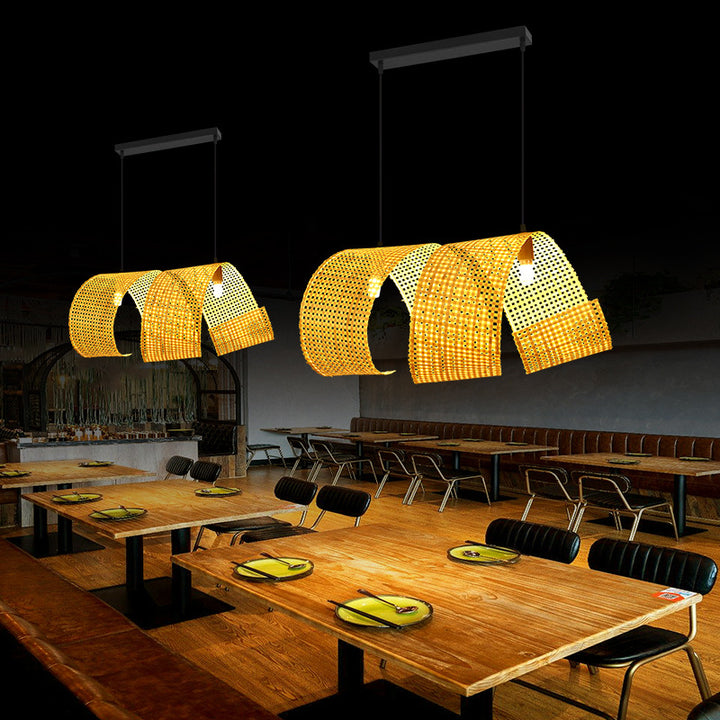 Lámpara colgante de isla de 2/3 luces tradicional japonesa rectangular redonda de bambú tejido para comedor 